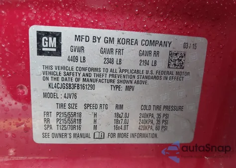 2015 Buick Encore Leather из США, поврежденный, VIN KL4CJGSB3FB161290